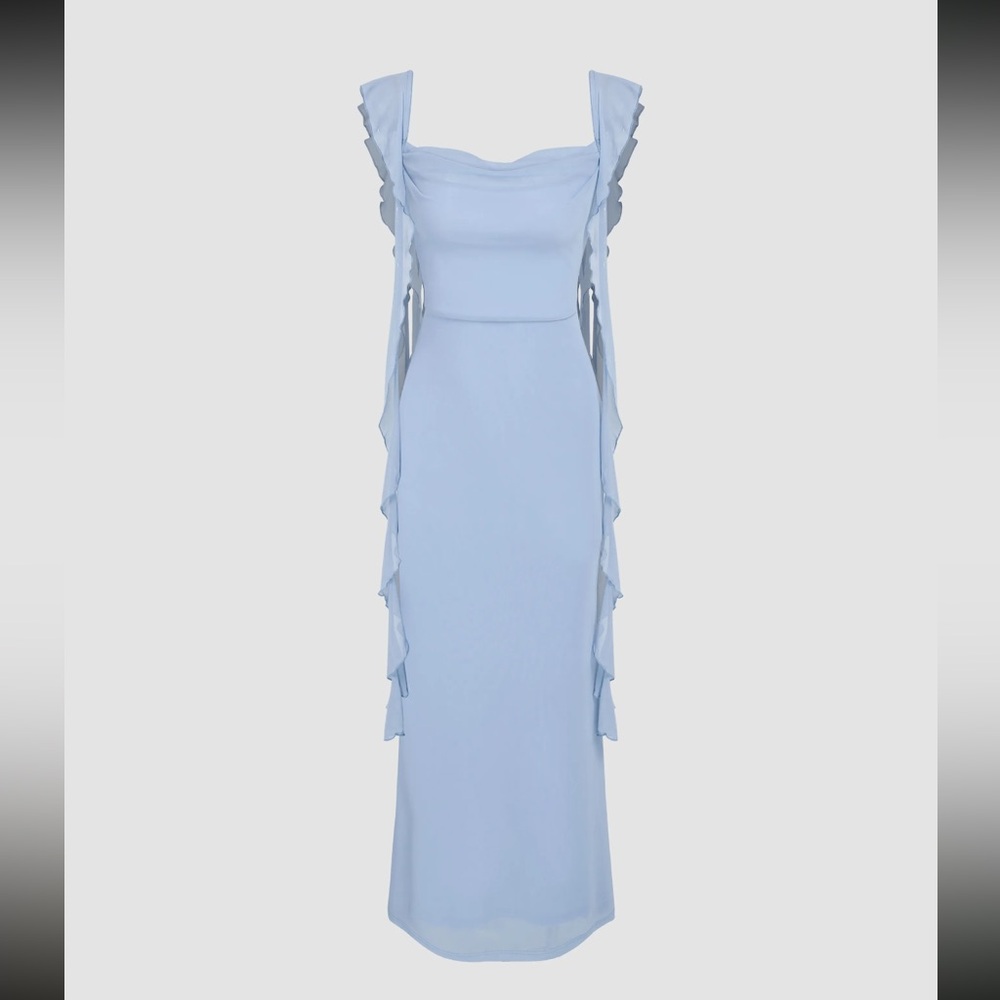 Mesh ruffle hem maxi dress-XS, blue